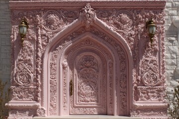 Fototapeta premium Intricate pink door with ornate details located in a historic building during daylight hours