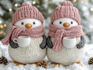 Two adorable, knitted penguin figurines, wearing cozy pink hats, scarves, and mittens, hold small white cups.  They stand in a snowy scene, among pine branches and twinkling lights