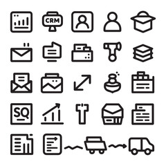  A set of 20 minimalist line icons depicting tools and operations for online businesses, rendered with bold black outlines on a pure white background. 