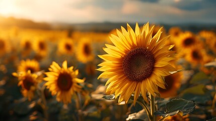 Obraz premium National Sunflower Day. Vibrant Sunflower Field at Golden Hour Sunset