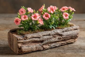 Colorful pink flowers arranged in a rustic wooden planter on a wooden table with natural light