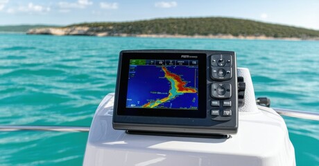 Boat console displays navigation system. Turquoise water surrounds distant island. Sunny day provides clear visibility.