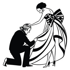 Elegant black and white illustration of a man proposing to a woman in a gown