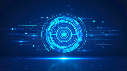 Futuristic Digital Interface with Glowing Circular Core and Geometric Network Elements – Sci-Fi Concept Visual on Dark Blue Background for AI Mapping, Cybersecurity, and Data Connectivity Themes