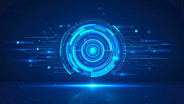 Futuristic Digital Interface with Glowing Circular Core and Geometric Network Elements &ndash; Sci-Fi Concept Visual on Dark Blue Background for AI Mapping, Cybersecurity, and Data Connectivity Themes