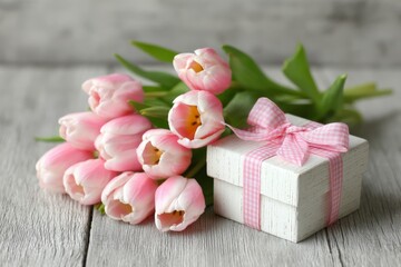 Bouquet of pink tulips next to a small gift box on a wooden surface for a special occasion