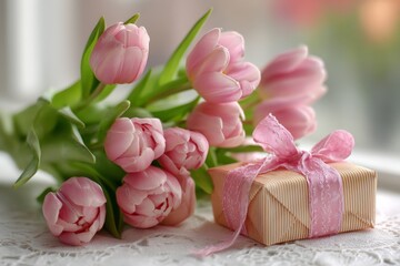 Beautiful bouquet of pink tulips with a gift box on a delicate lace tablecloth by the window