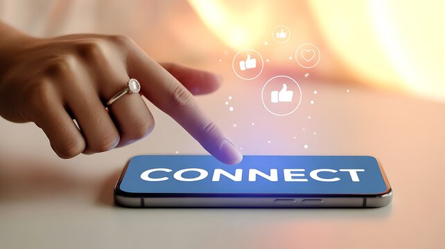Hand touching smartphone screen with connect and social media icons - Powered by Adobe