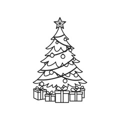 Fototapeta premium Christmas tree with star and wrapped gifts line art illustration