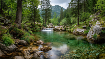 Fototapeta premium Flowing creek surrounded by lush green trees and rocky terrain in a serene mountain setting during a sunny day
