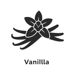 Silhouette of vanilla flower and pods with bold text below