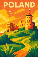 Fototapeta premium Stylized minimalist travel poster featuring a Polish hilltop castle with tower and ruins under an orange sunset sky with a winding path through green hills