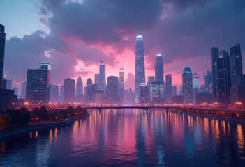 Fototapeta premium dynamic urban skyline dusk lights spectacular cityscape nightfall glow, nightscape, view, building, architecture, illumination, reflection, silhouette