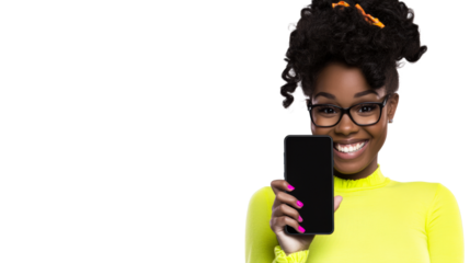 Young woman smiling while holding smartphone with a bright outfit