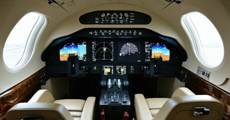 Aircraft cockpit interior. Beige seats, complex instrument panel, windows visible. Modern aviation technology dominates space.