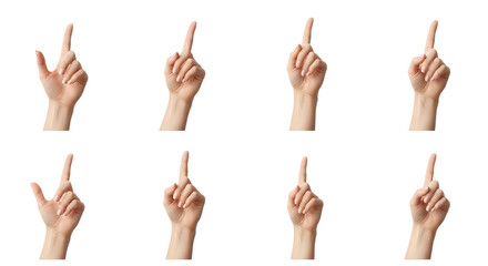 Eight female hands pointing upwards various gestures