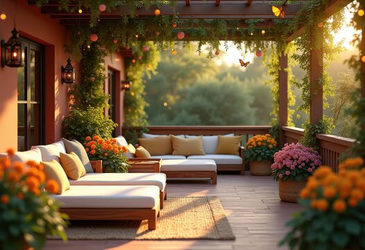 elegant outdoor patio vibrant floral arrangements comfortable lounge seasonal decor nature bliss, furniture, garden, flower, pot, planter, sofa, canopy