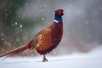 Ring necked pheasant standing in the snow during a winter storm