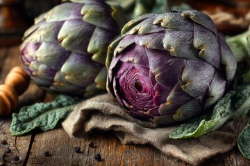 Obraz premium Fresh artichokes on rustic wooden table with natural light showcasing intricate textures and colors