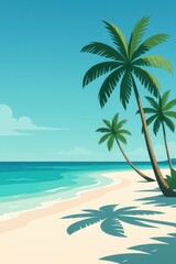 Fototapeta premium Minimal illustration of a serene beach in Maldives featuring tall palm trees casting shadows on white sand under a clear blue sky and turquoise sea