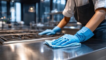 Professional kitchen cleaning with blue gloves and microfiber cloth for hygiene