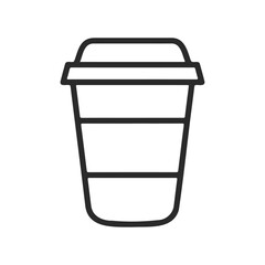 Simple black line icon of a coffee cup with lid on a white background
