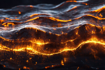 Vibrant orange light illuminates dark wavy forms with sparkling energetic particles flowing across the mysterious textured surface.