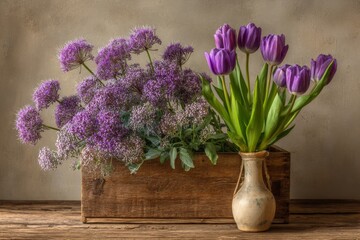 Bright purple tulips and delicate lavender flowers arranged in a rustic wooden box on a wooden surface