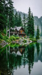 Fototapeta premium Peaceful lakeside cabin surrounded by tall trees and mountains on a misty morning