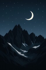 Obraz premium Digital night scene of Italy's Dolomites with tall mountain ridges below a crescent moon and bright stars in a calm minimalist landscape illustration