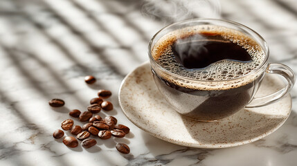 Freshly brewed black coffee with steam rising in a glass cup beside roasted coffee beans on a marble surface in warm afternoon light