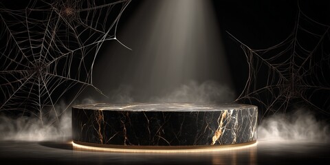 Dark marble podium surrounded by fog and spiderwebs under dramatic lighting. Perfect for Halloween product display or spooky-themed mockups. Includes copy space.