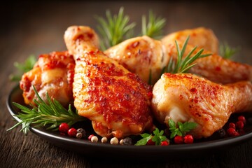Juicy grilled chicken drumsticks garnished with fresh herbs on a wooden table
