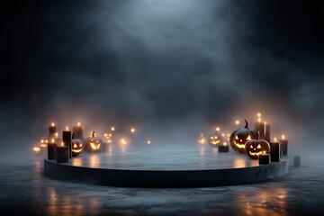 Glowing pumpkins and candlelight around wide podium. Halloween product or branding mockup with space for text. Copy space included.