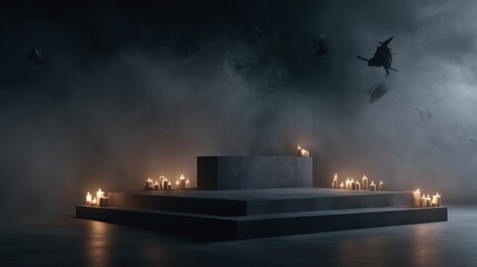 Dark concrete podium with candles and flying witch silhouette in foggy background. Ideal for Halloween product presentation or themed advertising. Includes copy space.
