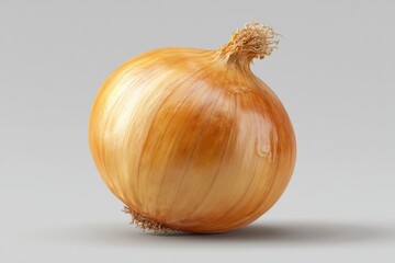 Freshly harvested onion with a smooth, shiny surface on a simple gray background
