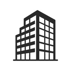 Black and white icon of a modern office building with windows