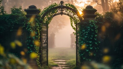 Fototapeta premium A wrought-iron gate draped in ivy welcomes you to a serene, misty garden path.