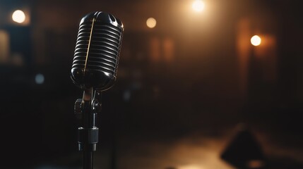 Vintage Microphone in Dark Studio with Spotlight