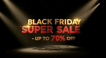 "Black Friday Super Sale" advertisement with 70% off, spotlighted on a dark background, highlighting a major discount event. AI Generated