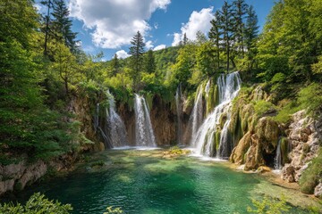 Fototapeta premium Serene Waterfall Cascade in Lush Green Forest