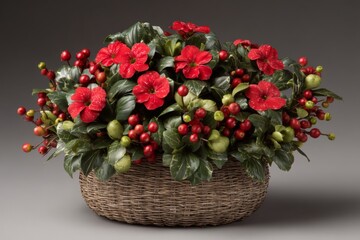 Obraz premium Bright floral arrangement with red flowers and green leaves displayed in a woven basket for home decor
