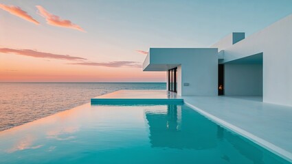 Stunning modern house with an infinity pool and ocean view at sunset.
