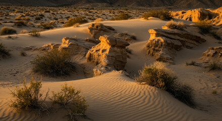 Naklejka premium Arid desert landscape with sand dunes, sparse vegetation, and rock formations under warm sunlight