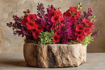 Obraz premium Beautiful floral arrangement in a rustic stone planter showcasing vibrant colors and textures