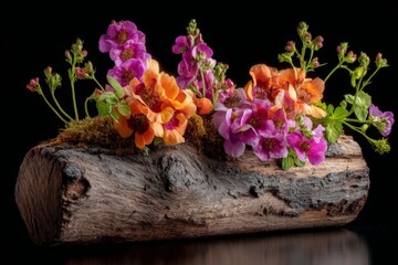 Fototapeta premium Brightly colored flowers bloom on a rustic log with moss, creating a stunning floral display in a dark setting