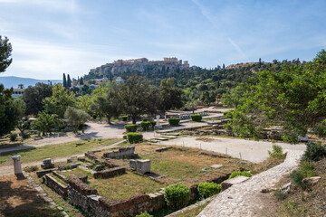The view across the ancient agora site, in Athens, Greece, looking towards the Acropolis and the...