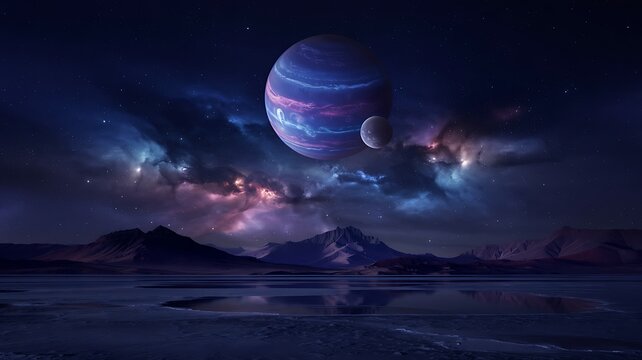 Vast alien landscape under a swirling nebula sky with a giant striped gas planet and a distant moon