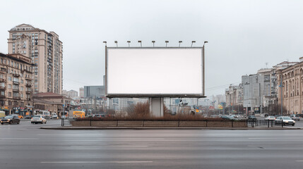 Large blank billboard in the middle of busy city street surrounded by buildings and traffic. Urban outdoor advertisement mockup. Copy space included.