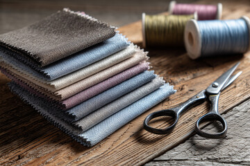 Stack of colorful fabric swatches with vintage scissors and spools of thread on rustic wooden table. Perfect for textile mockups. Copy space included.